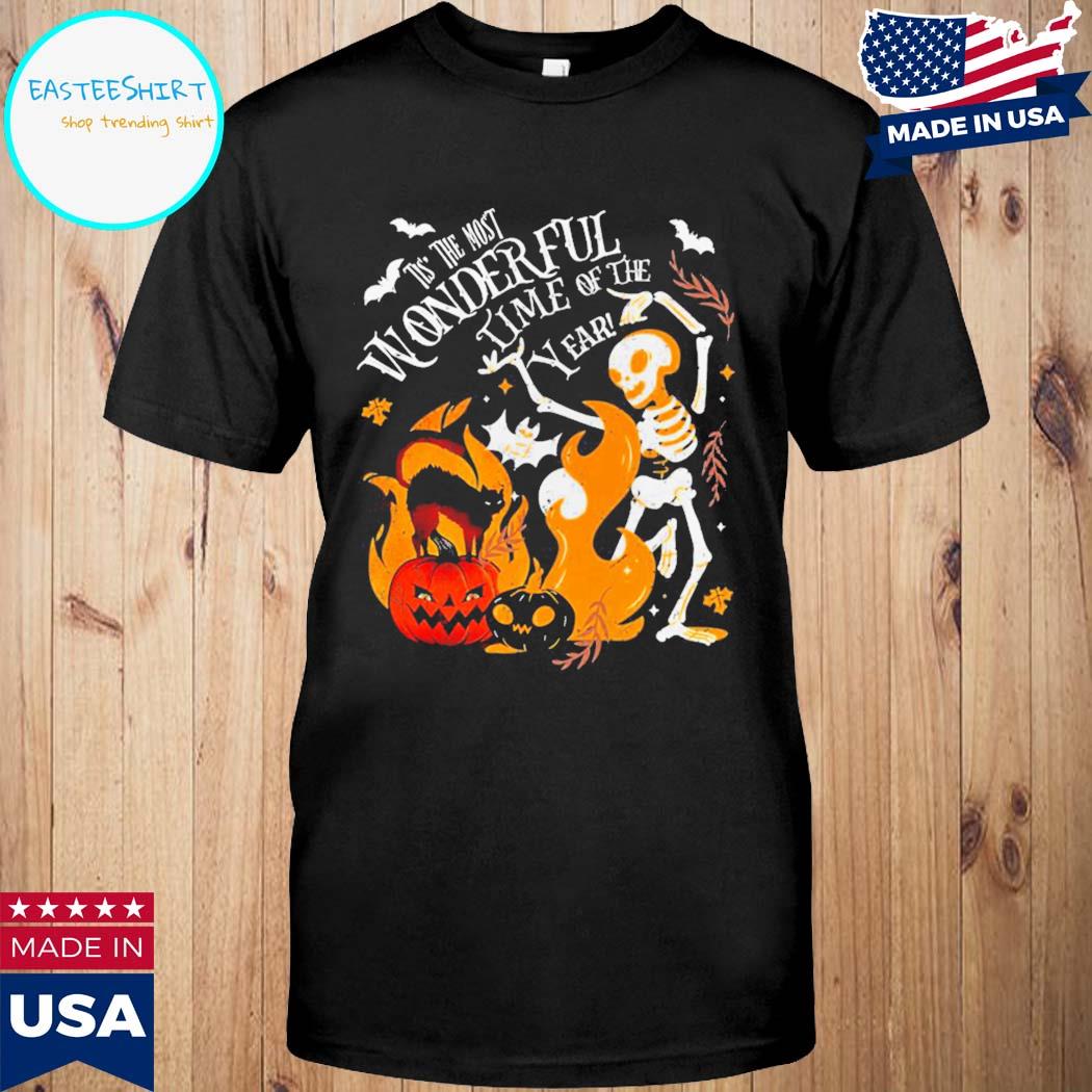 Official Tes the most wonderful time of the year skeleton cat pumpkin halloween T-shirt