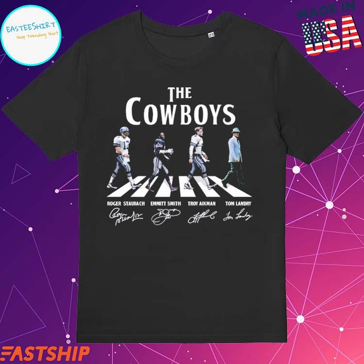 Official The Cowboys Roger Staubach Emmitt Smith Troy Aikman Tom Landry  signatures Abbey Road shirt., hoodie, sweater, long sleeve and tank top