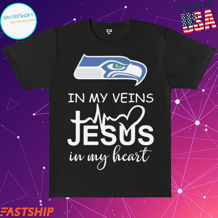 Official seattle Seahawks logo 2023 in my veins Jesus in my heart T-shirts,  hoodie, tank top, sweater and long sleeve t-shirt