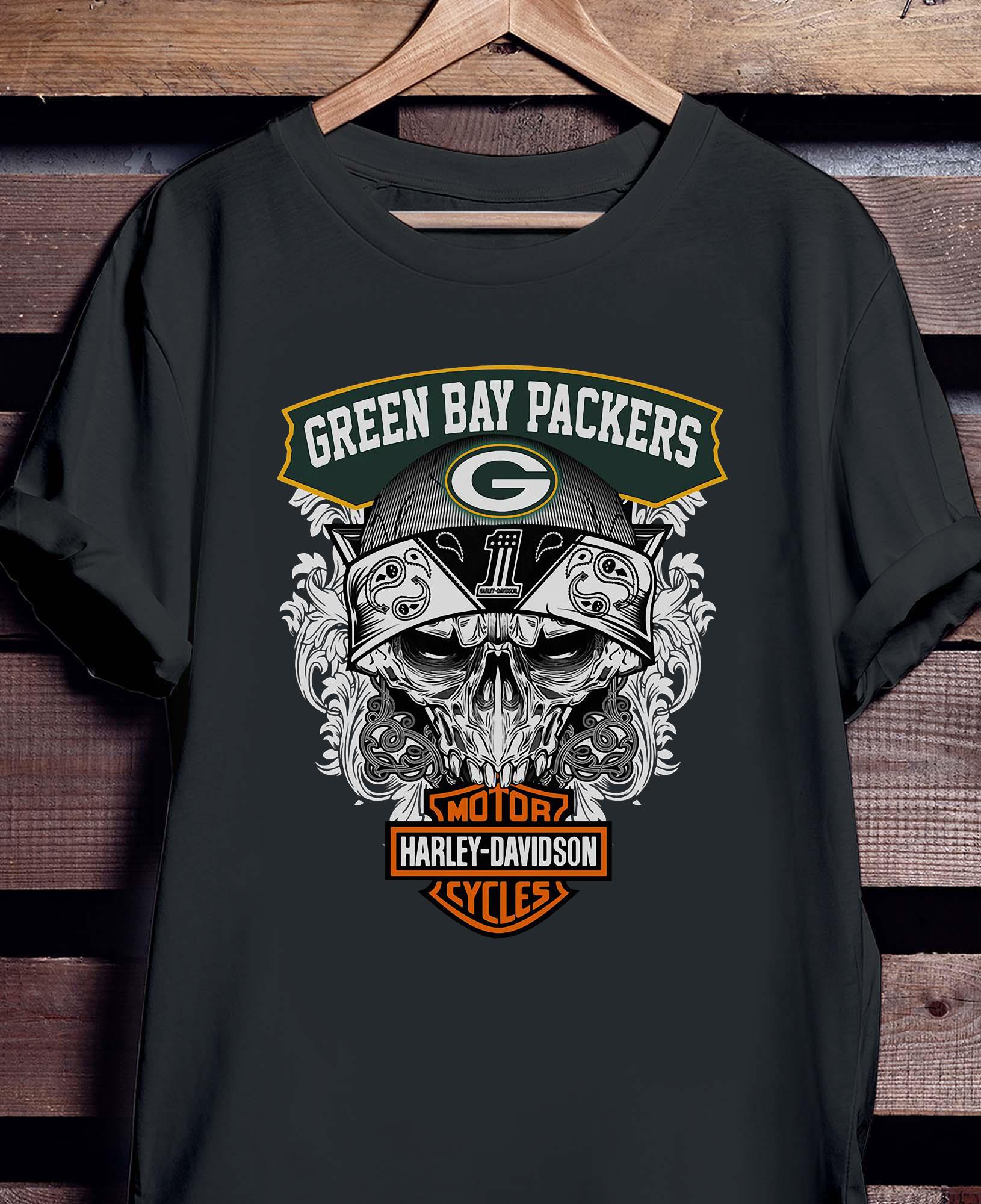 Green Bay Packers Harley Daivsion Skull Shirt - High-Quality